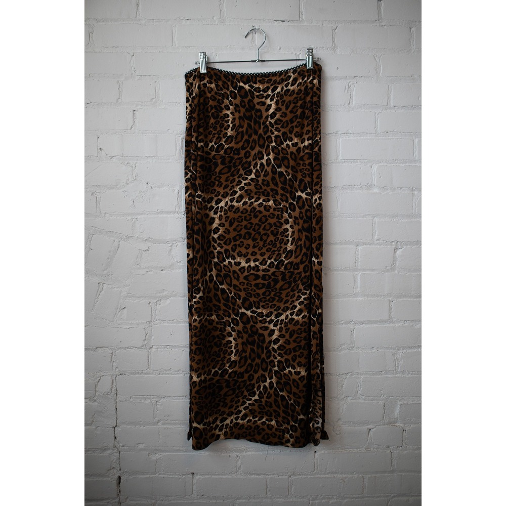 Vintage Fashion Bug Leopard Print Midi Skirt Lace Trim Side Slit Brown Tan XL